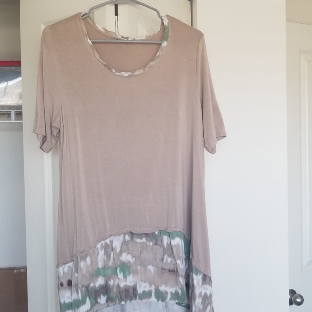 LOGO by Lori Goldstein tan ruffle hem shirt